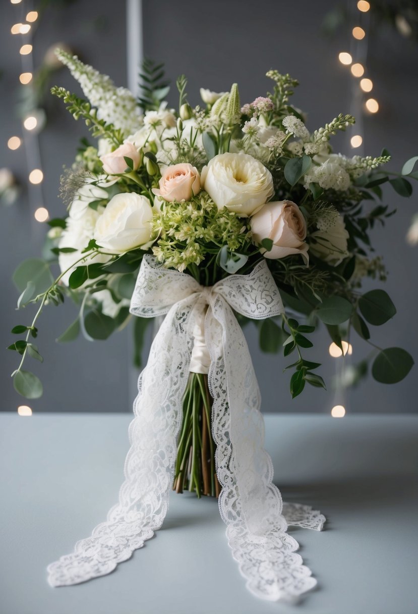 A vintage-inspired wedding bouquet with lace ribbon cascading down, adorned with delicate flowers and greenery