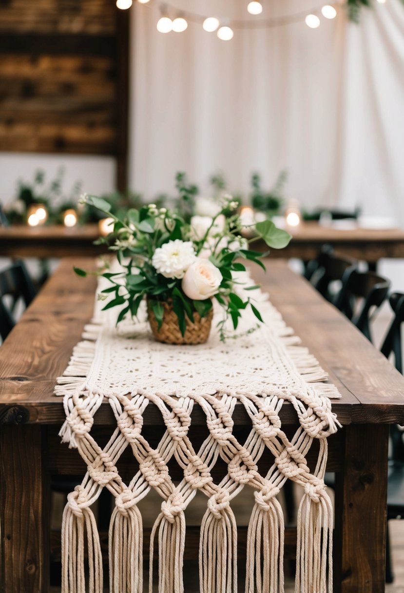 A rustic wooden table adorned with a handmade macrame table runner, featuring intricate knot patterns and fringed edges, adding a bohemian touch to a wedding reception