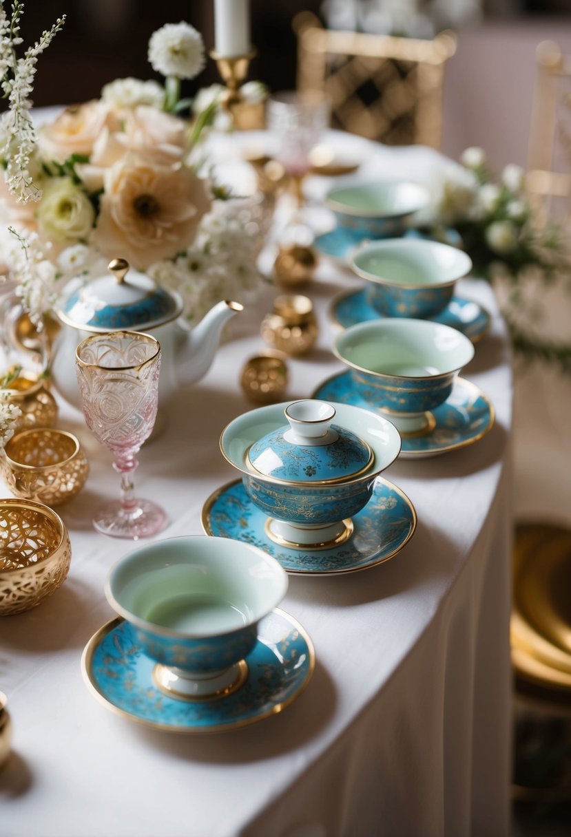 A table adorned with elegant porcelain tea sets, surrounded by delicate Asian wedding decor