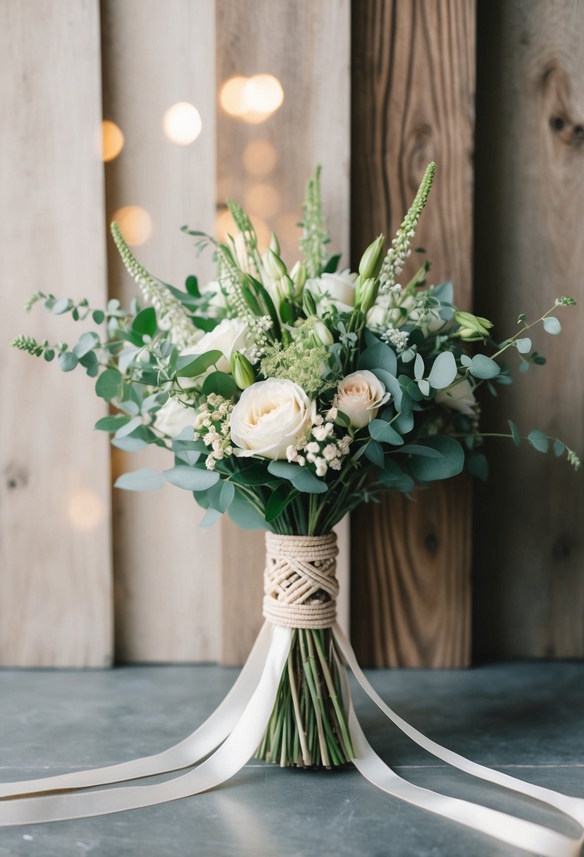 A boho chic bouquet with macramé wrap and long ribbon, set against a rustic background of wooden textures and soft, natural lighting