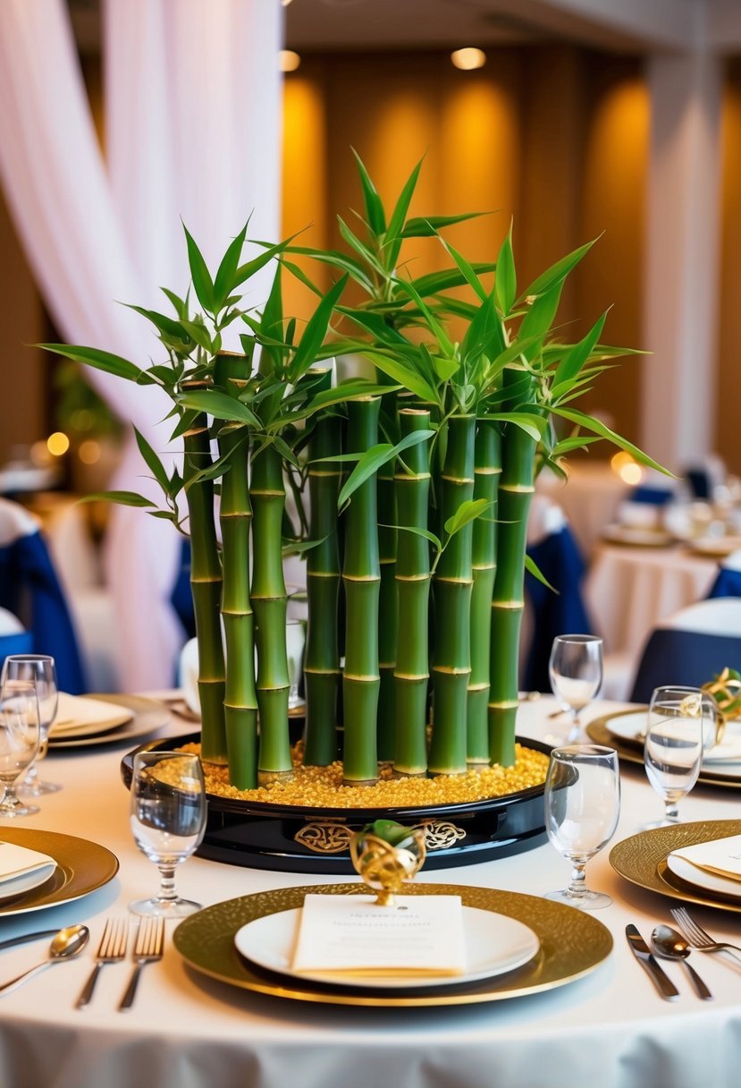 A table adorned with lucky bamboo plants, symbolizing prosperity, set for an Asian wedding celebration