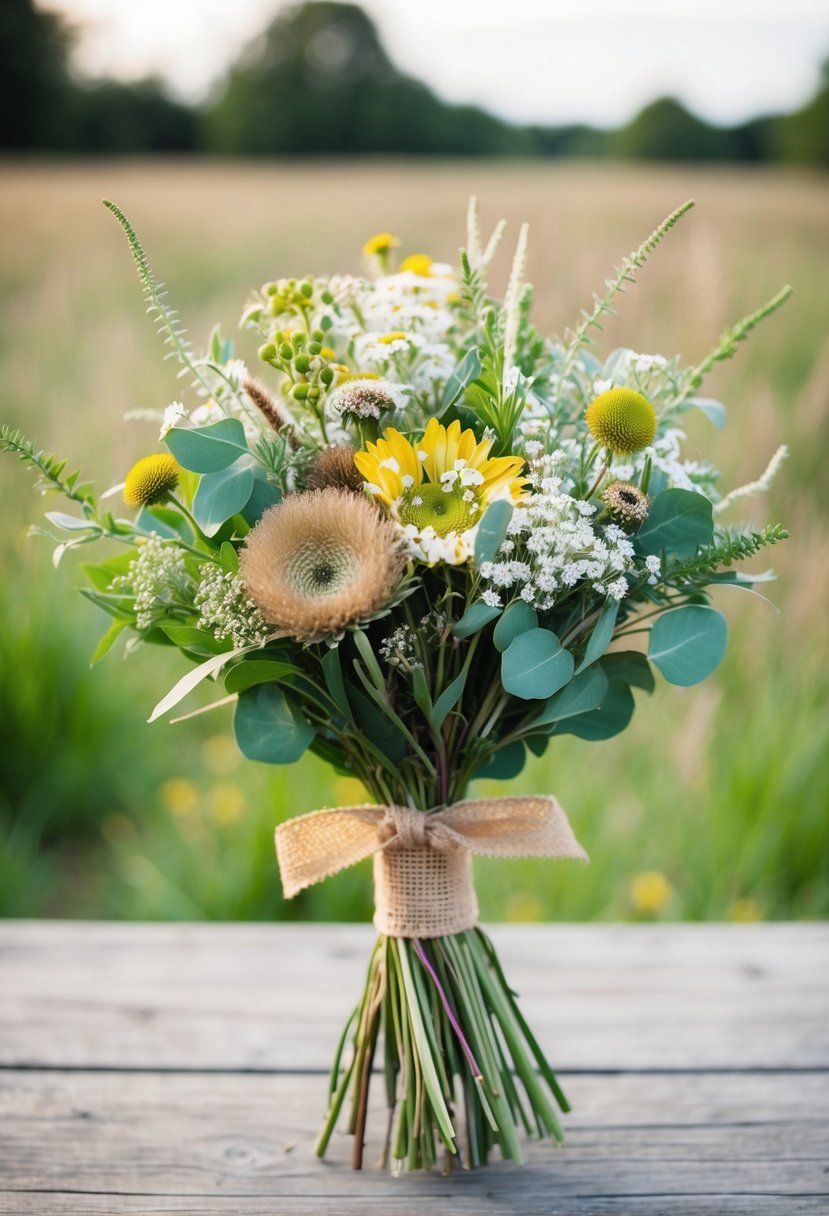 A rustic bouquet tied with burlap ribbon, featuring wildflowers and greenery