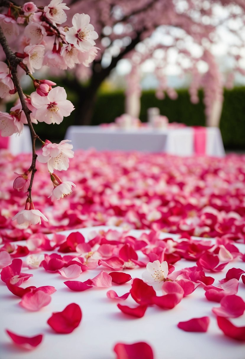 Cherry blossom petals scattered on tables for an Asian wedding decoration