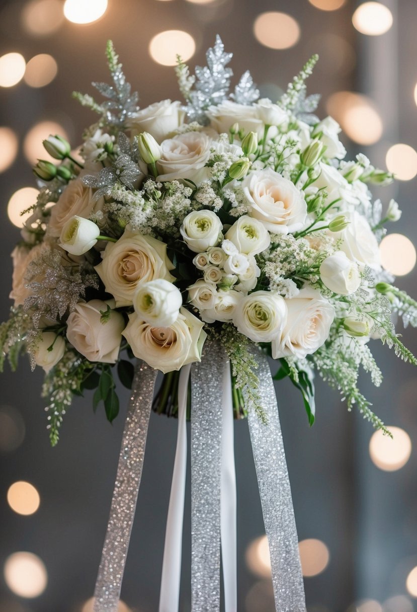 A luxurious bouquet of flowers adorned with shimmering glitter ribbons cascading down, perfect for a glamorous wedding