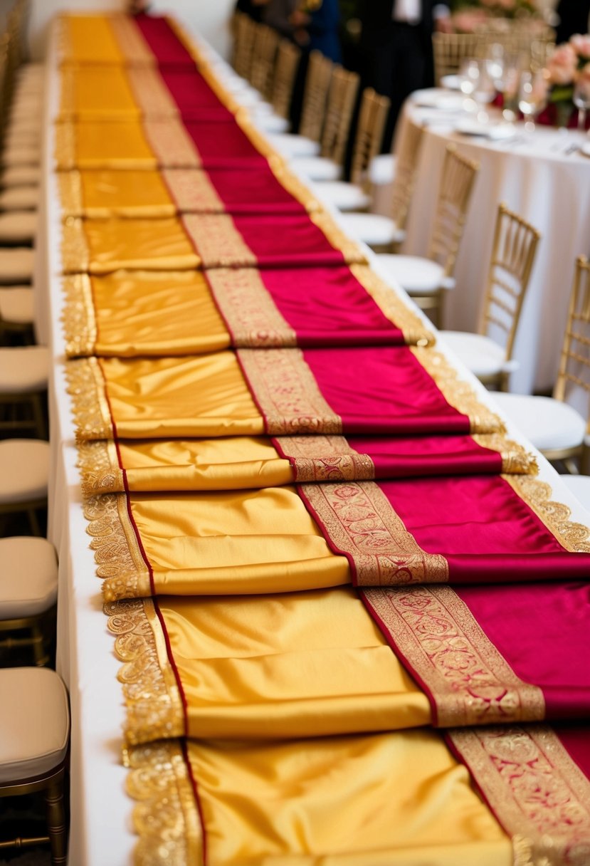 Richly colored silk table runners in gold and red drape elegantly across a long banquet table, creating a luxurious and opulent setting for an Asian wedding celebration