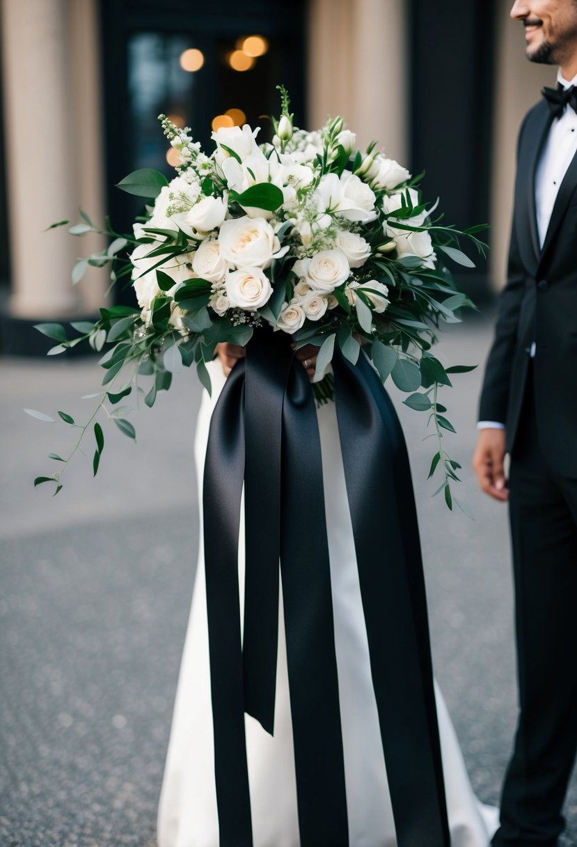 A chic monochrome wedding bouquet with long black satin ribbons cascading elegantly