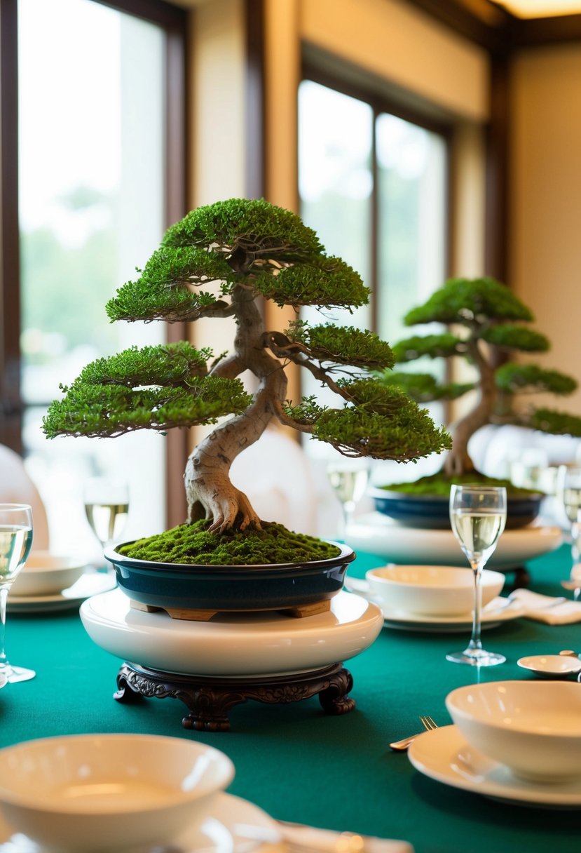 Miniature bonsai trees adorn tables at an Asian wedding, serving as elegant centerpieces