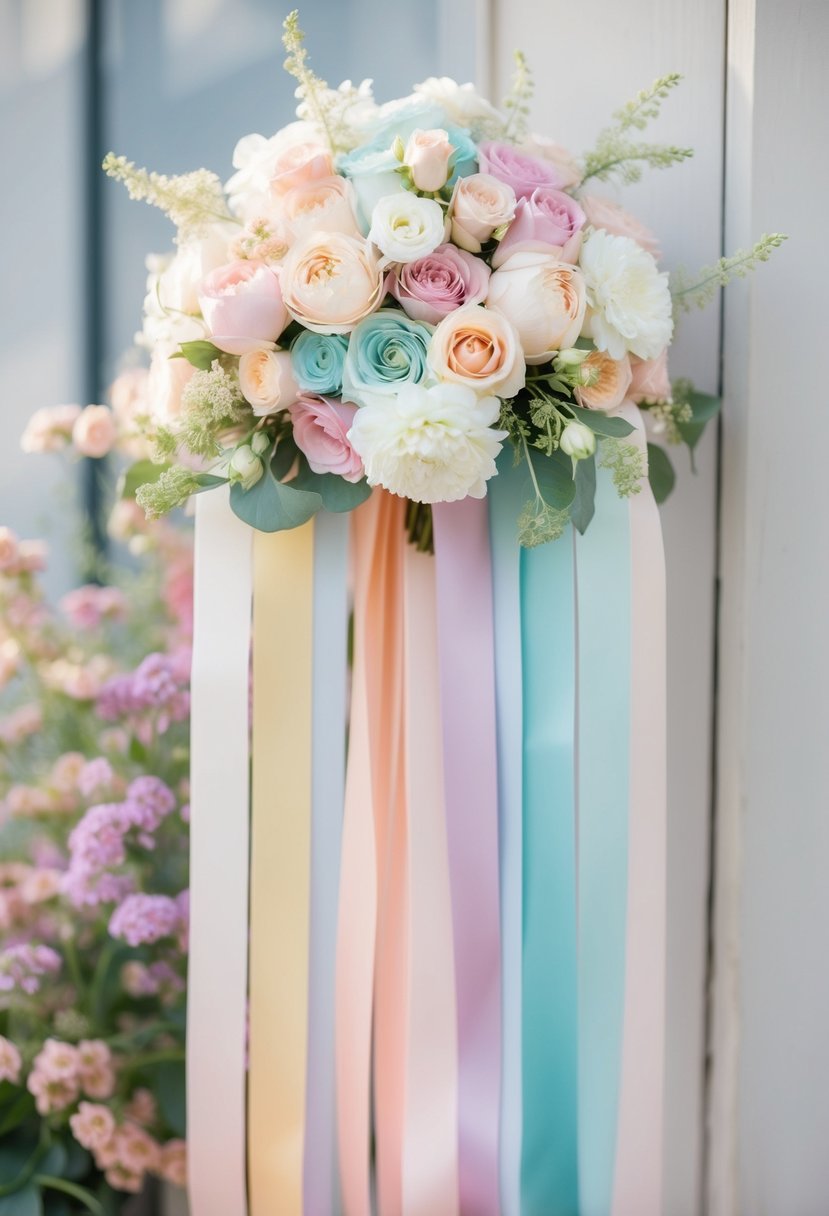 A soft pastel palette of ribbons cascading in ombre hues, creating a dreamy and romantic wedding bouquet