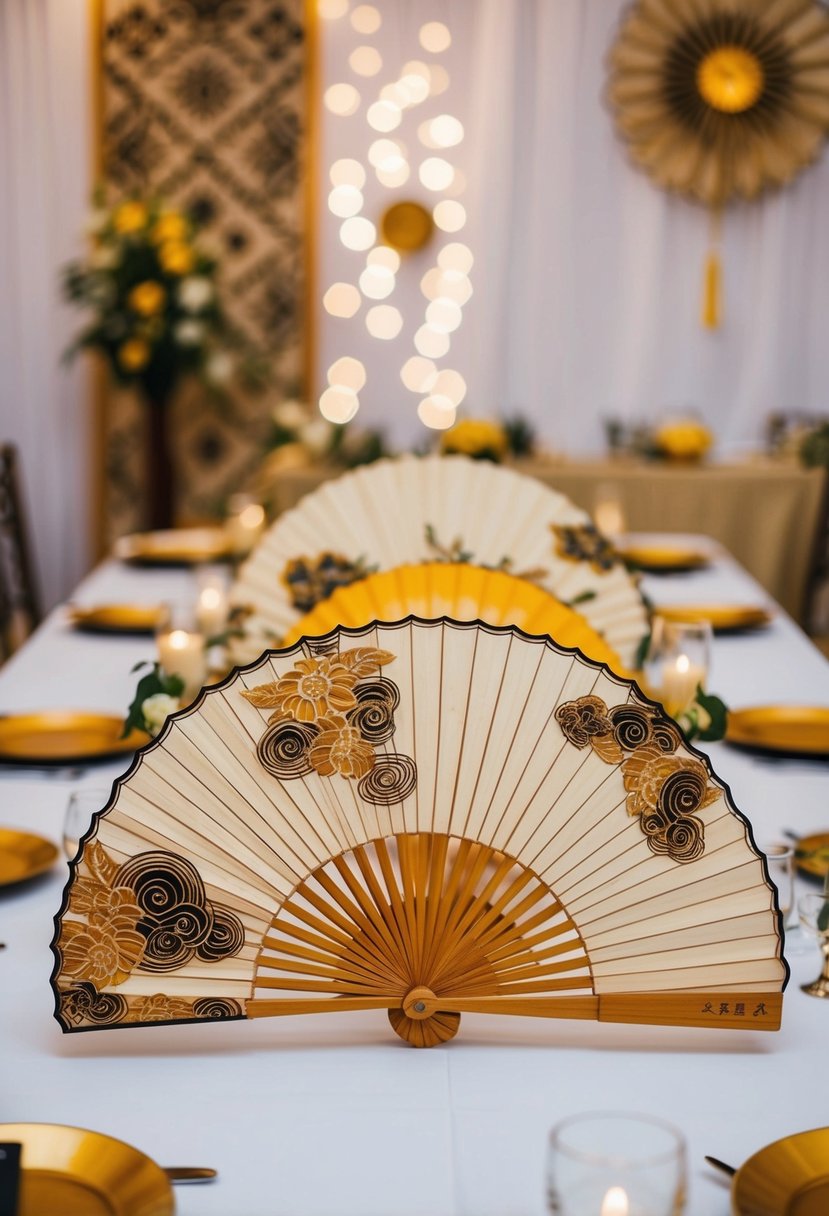 Intricately designed fans adorn a wedding table, adding a cultural touch to the Asian-themed decor