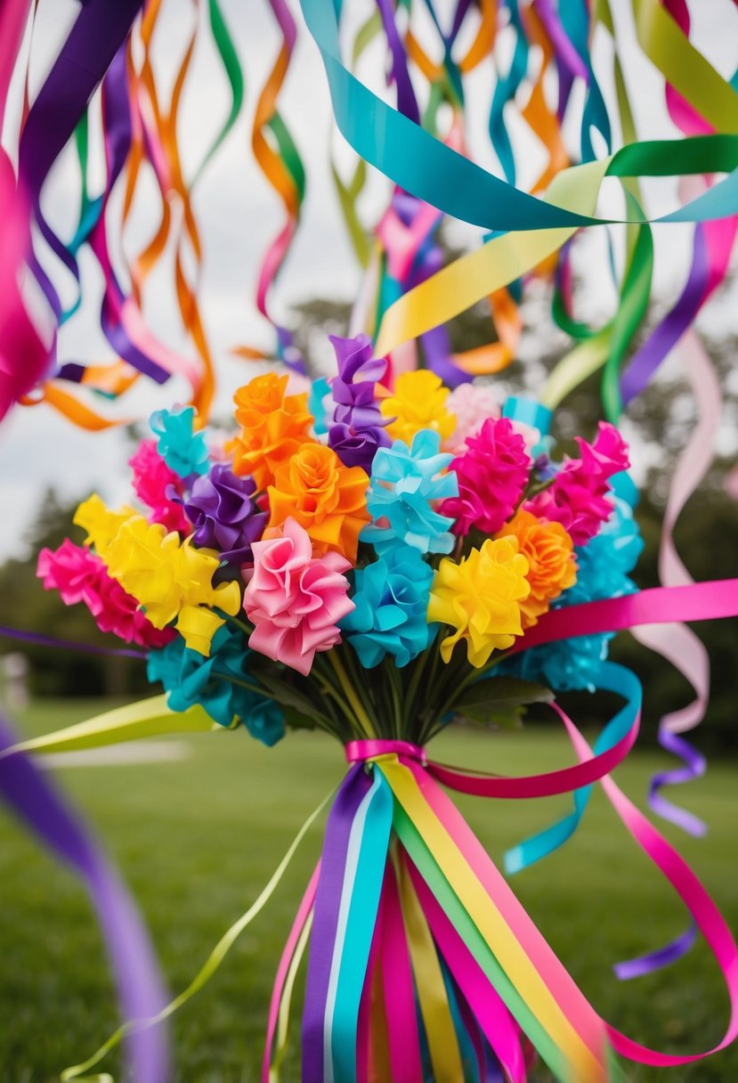 A whimsical scene with multicolored streamer ribbons swirling around a long ribbon wedding bouquet, creating a vibrant and playful atmosphere