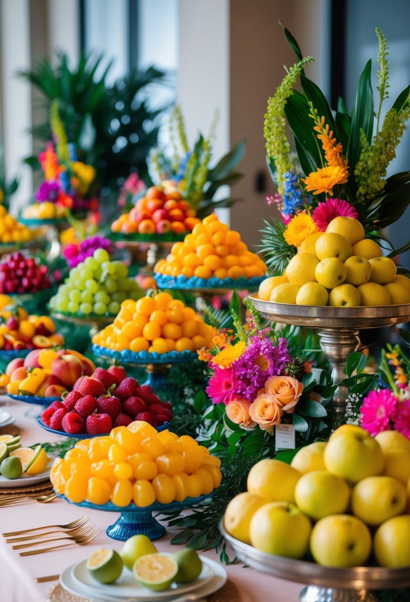 A table adorned with a colorful array of fresh fruits arranged in decorative displays, interspersed with vibrant flowers and greenery