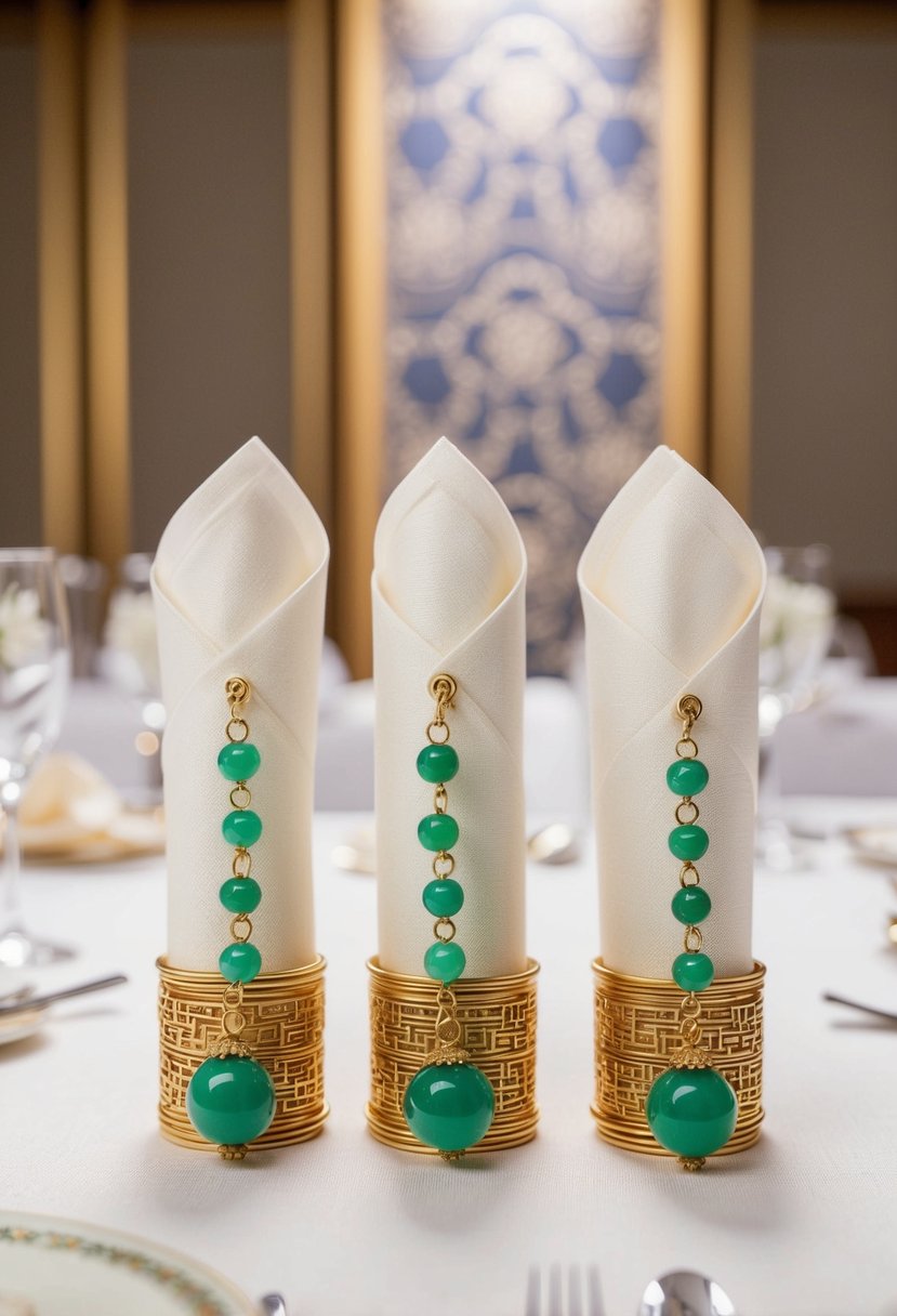 Napkin rings adorned with delicate jade charms, set against an elegant Asian wedding table backdrop