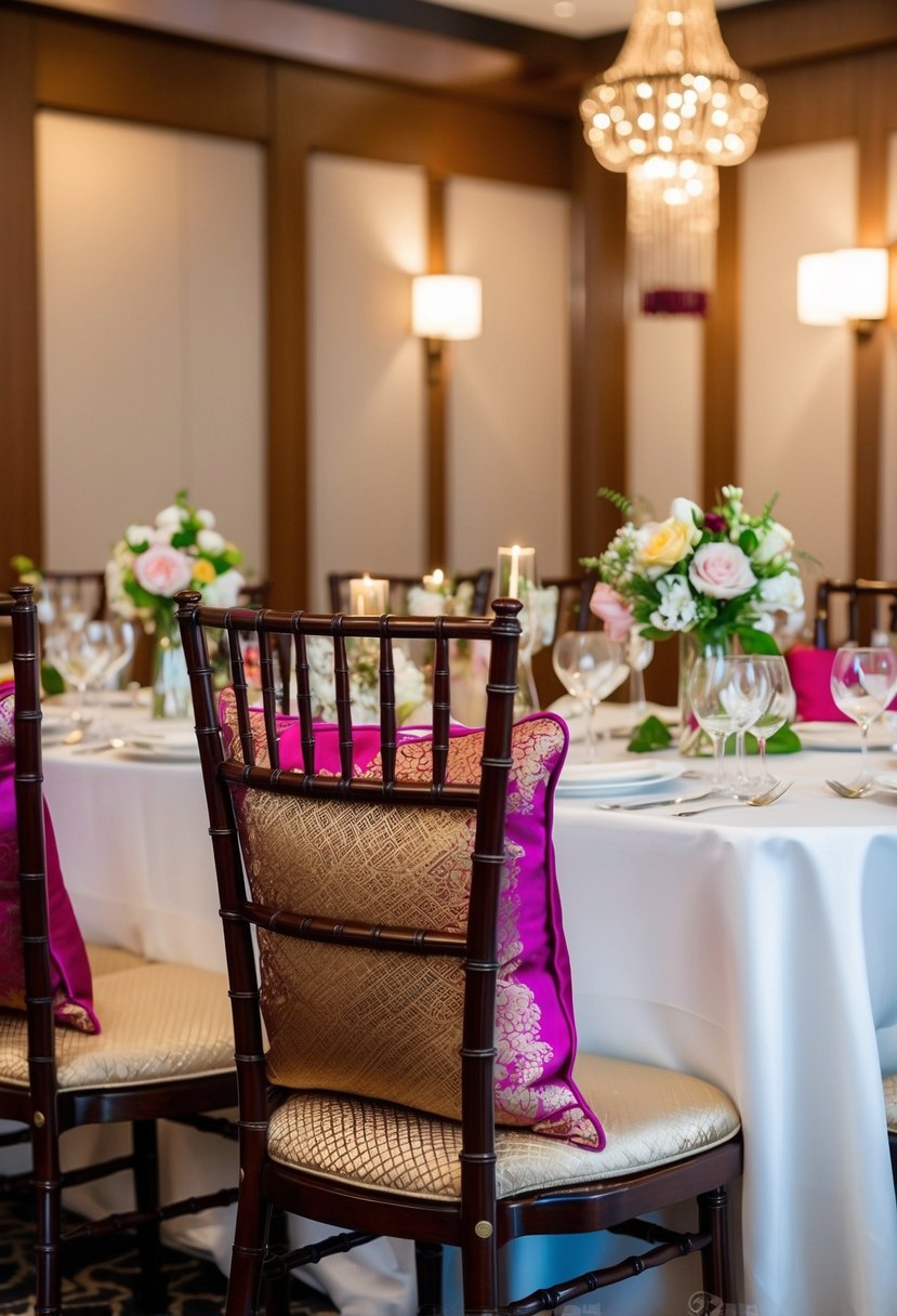 Silk cushions adorn chairs at an Asian wedding table, adding color and elegance to the decoration