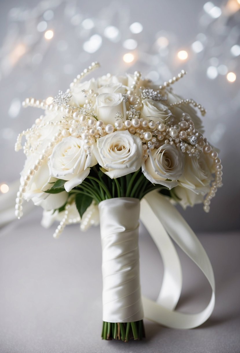 A pearl-studded ribbon cascades from a timeless wedding bouquet, adorned with delicate pearls and elegant ribbon