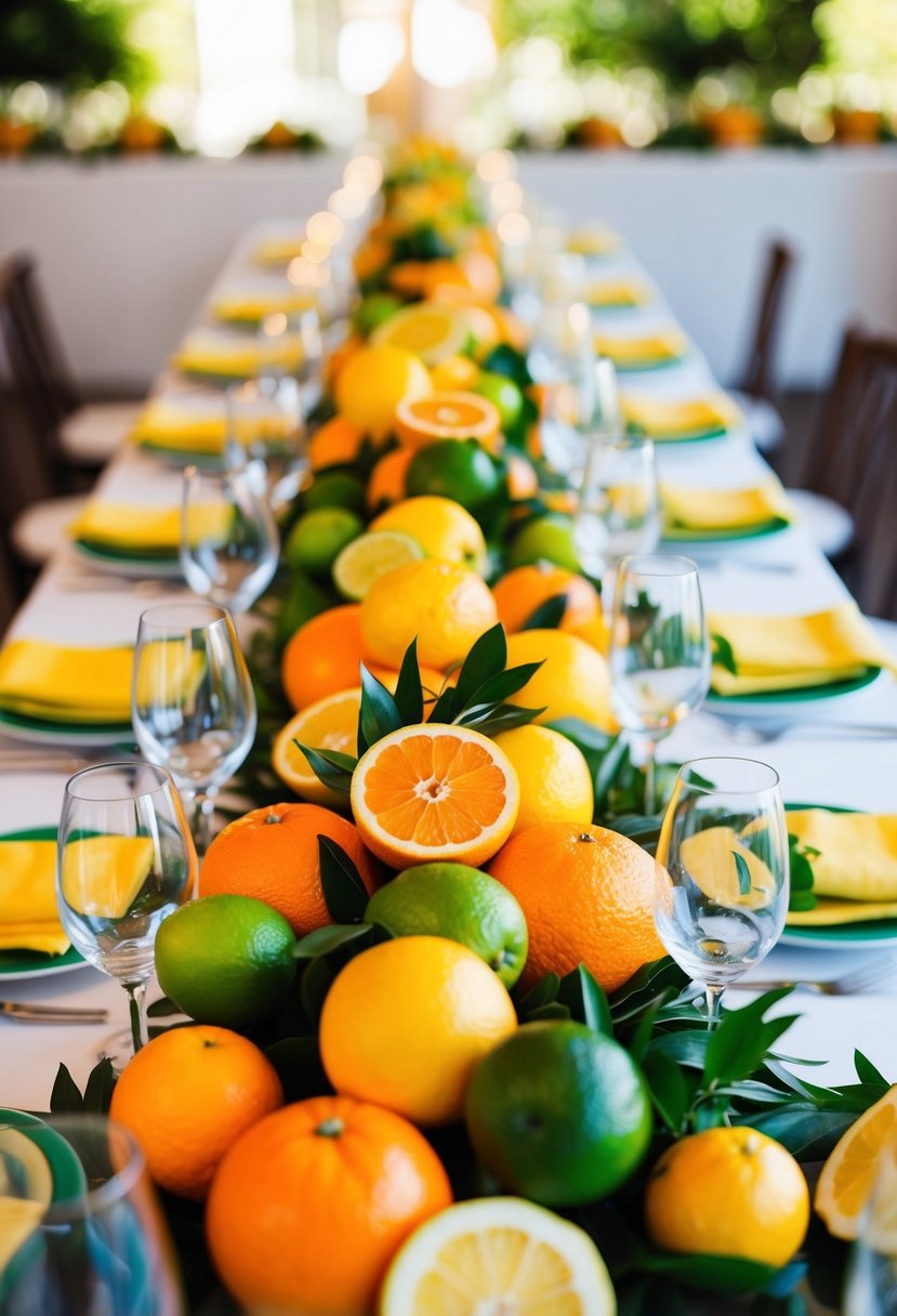 A table adorned with vibrant citrus centerpieces, featuring oranges, lemons, and limes, creating a colorful and fresh atmosphere for a wedding celebration