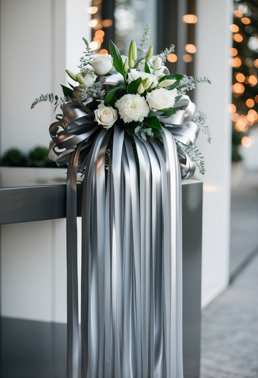 A sleek bouquet of long metallic silver ribbons cascading in modern elegance