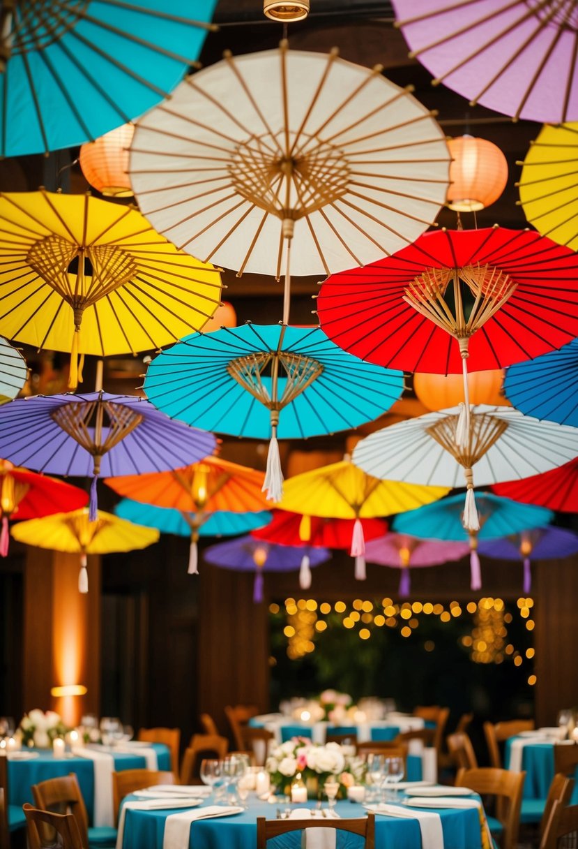 Colorful patterned paper parasols hanging above tables at an Asian wedding reception, adding a festive and elegant touch to the decor