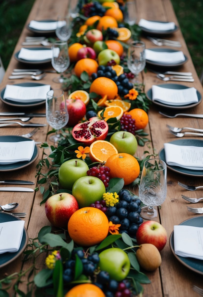 A wooden table adorned with rustic fruit garlands, featuring a variety of colorful fruits such as apples, oranges, grapes, and pomegranates intertwined with greenery and flowers