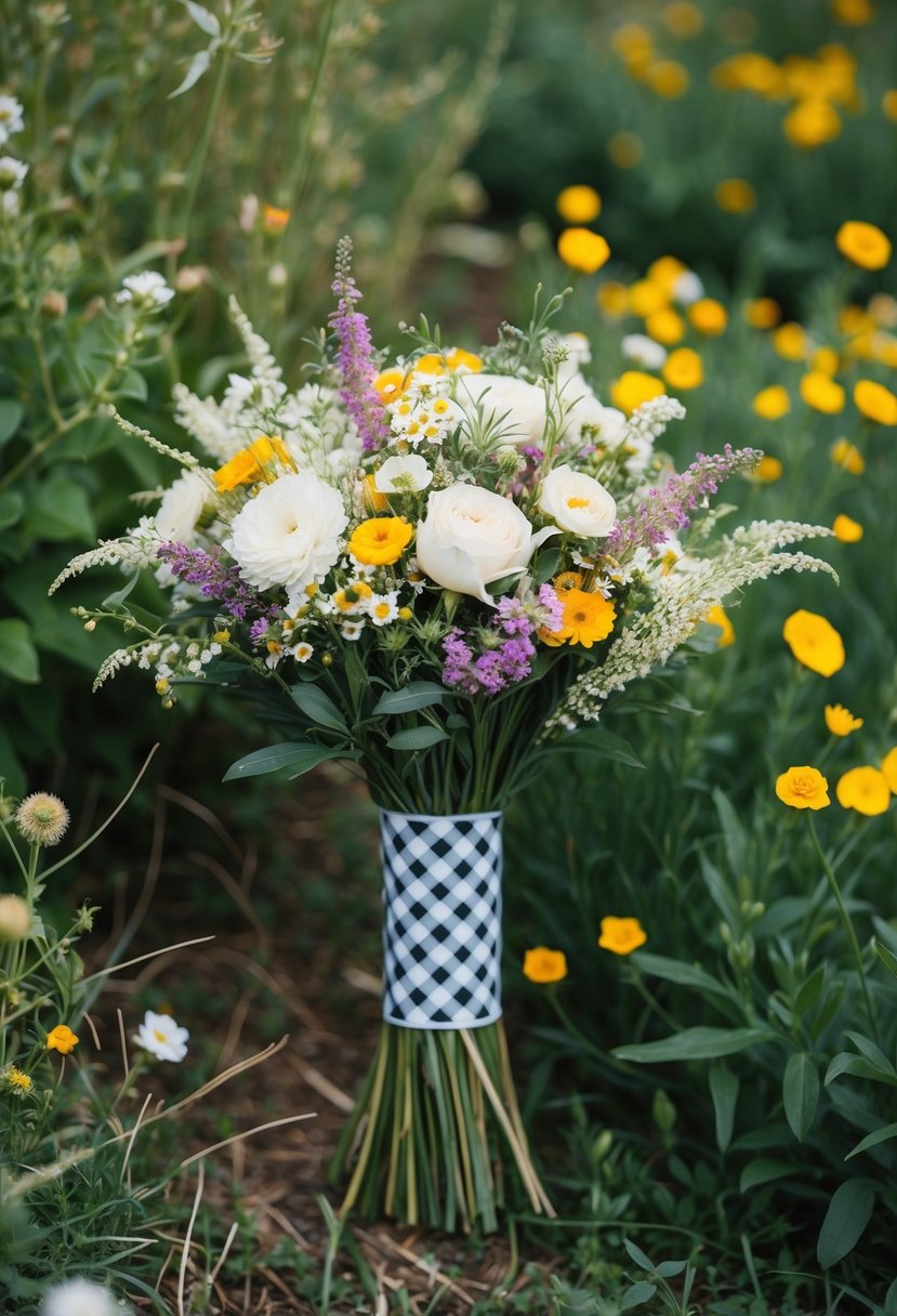 A rustic garden setting with wildflowers and long gingham ribbon wrapped around a wedding bouquet