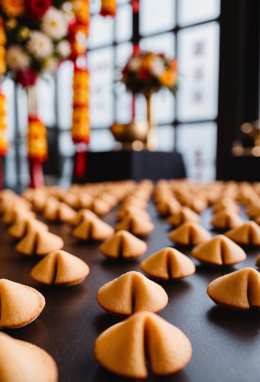 Fortune cookies arranged on tables amid traditional Asian wedding decor