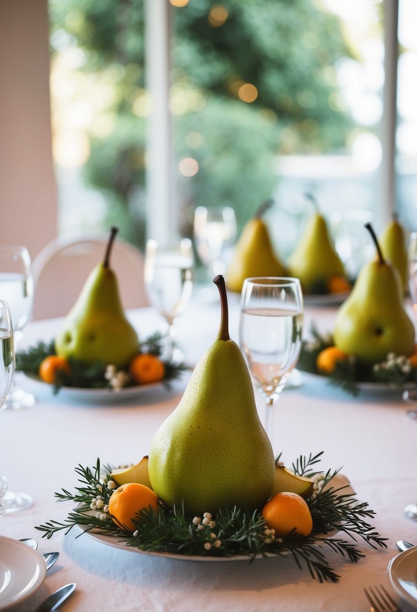 A wedding table adorned with chic pear accents and fruit decorations