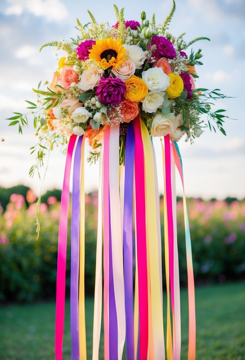 A vibrant bouquet of long, hand-painted ribbons cascading from a central gathering of flowers, creating a whimsical and romantic wedding accessory