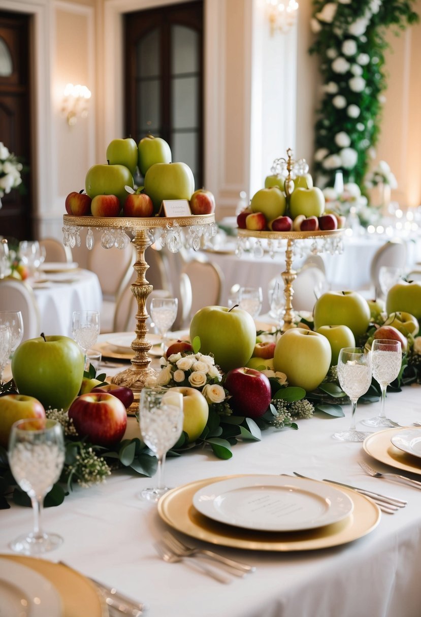 A lavish wedding table adorned with elegant apple displays and other fruits, creating a stunning and sophisticated centerpiece