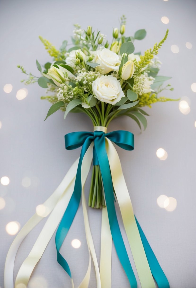 A single-color ribbon wedding bouquet, with long ribbons flowing gracefully in an elegant and simple arrangement