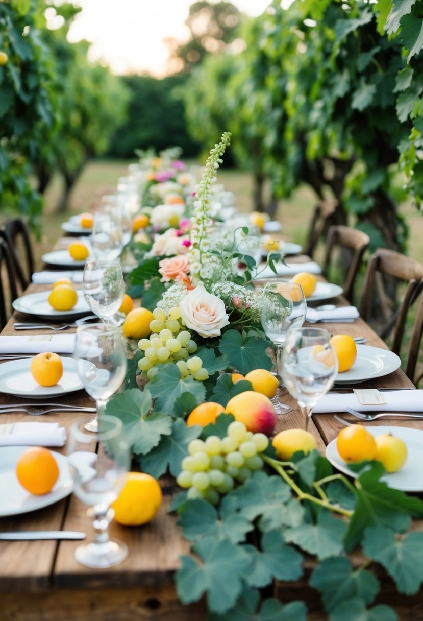 A rustic wooden table adorned with grapevines, scattered with fresh fruit and delicate flowers for a wedding centerpiece