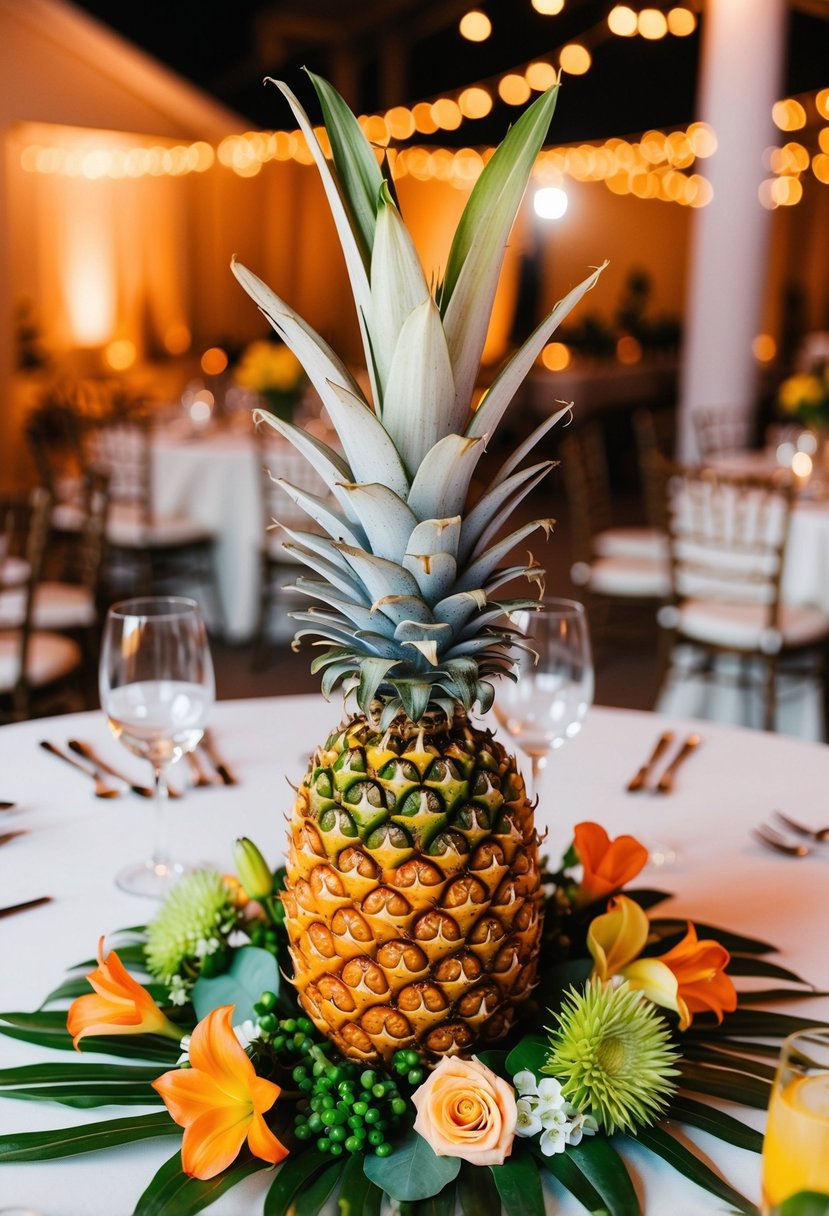 A colorful pineapple centerpiece surrounded by tropical flowers and greenery on a wedding reception table