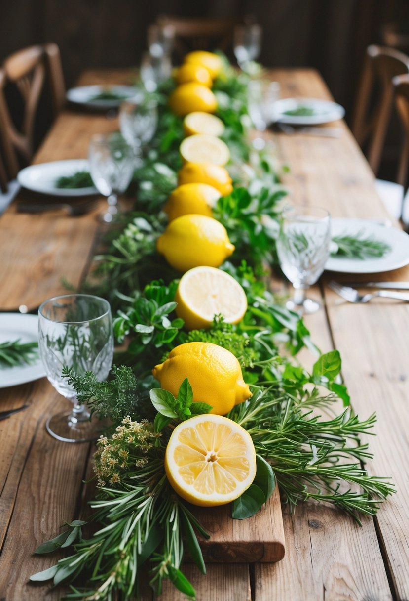 A rustic wooden table adorned with fresh lemons and herbs, creating a vibrant and fragrant wedding centerpiece