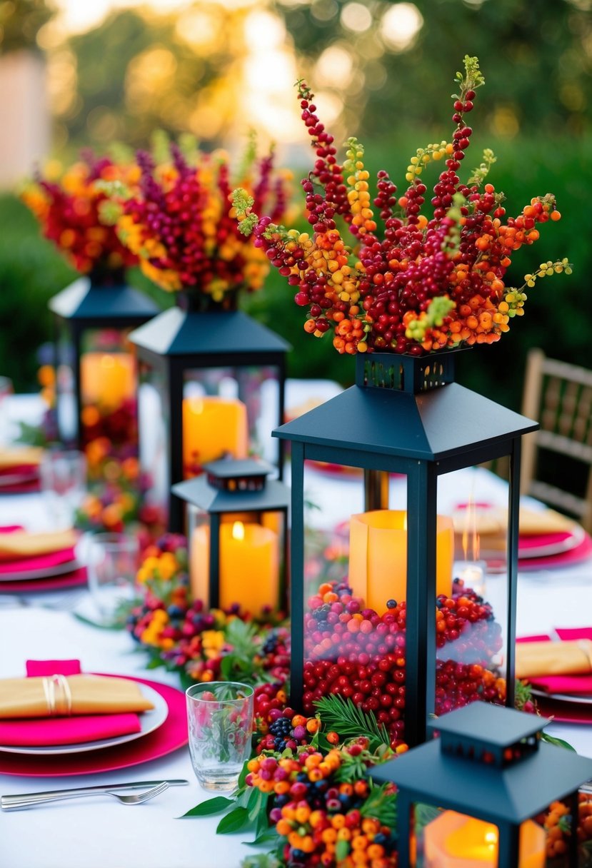 A table adorned with lanterns filled with vibrant berries, creating a colorful and festive wedding centerpiece