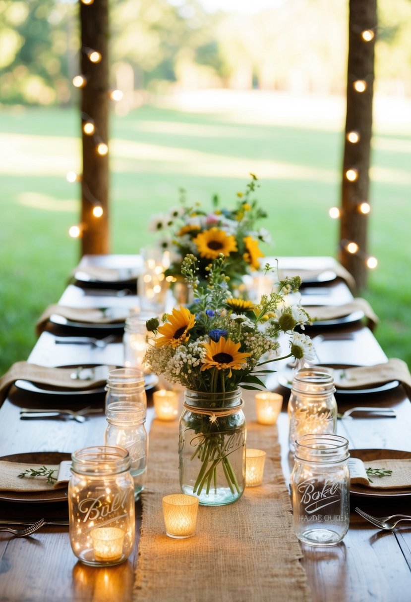 A wooden table adorned with mason jar centerpieces, wildflowers, and burlap table runners. Twinkling fairy lights and vintage candle holders add a warm, rustic touch