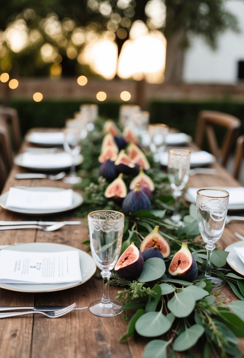 A rustic wedding table adorned with fresh figs and greenery