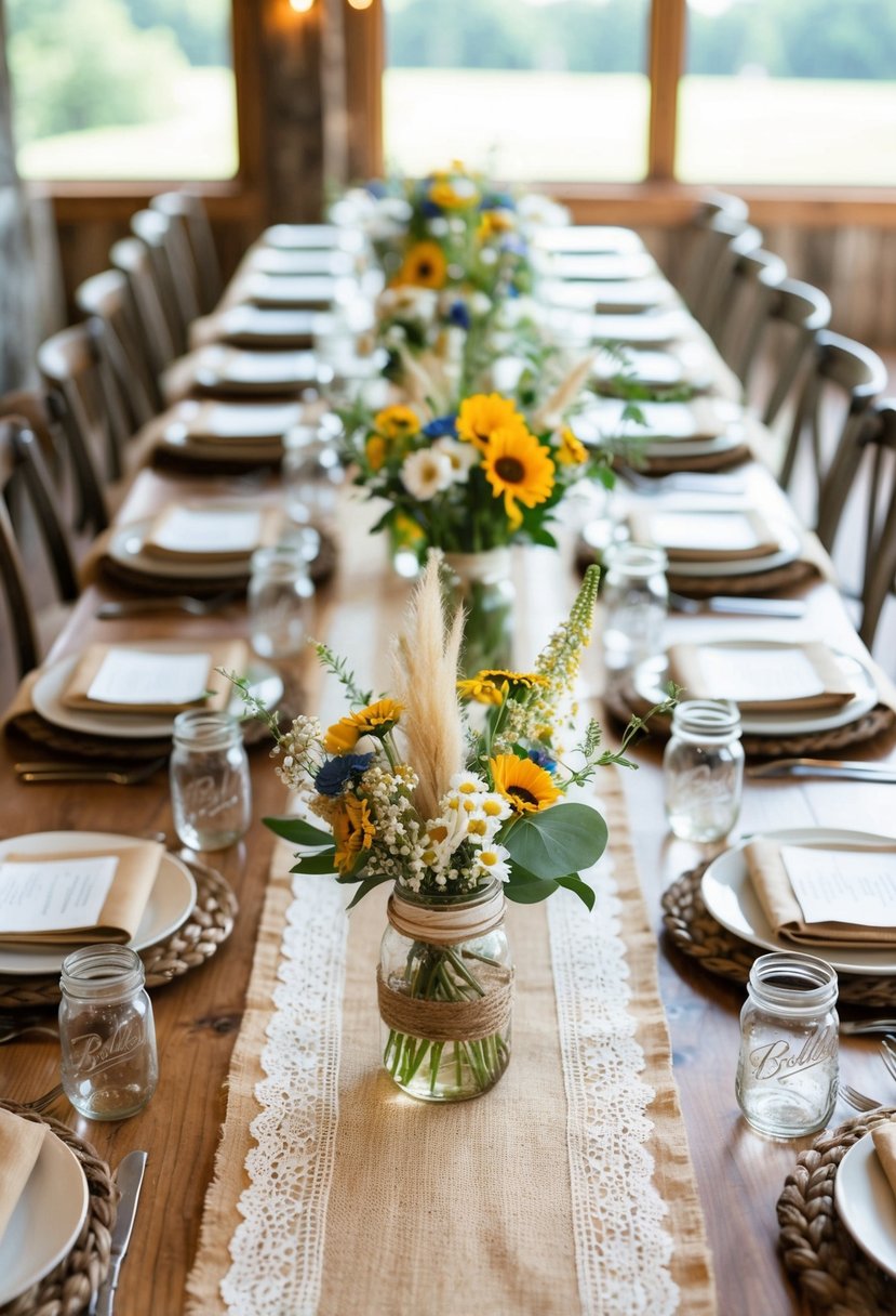 A rustic wedding table adorned with burlap runners, mason jar centerpieces, and wildflower bouquets