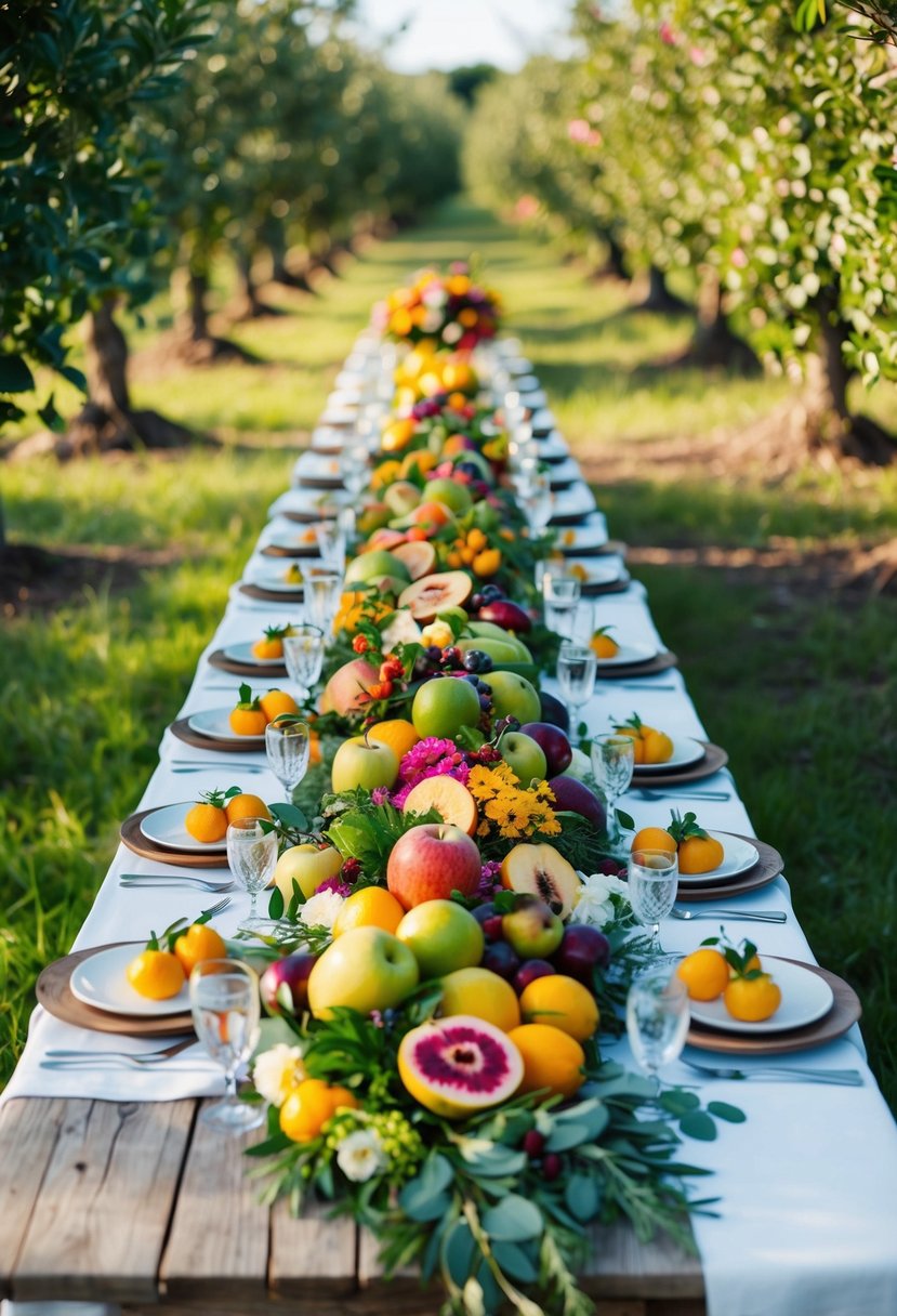 A rustic wooden table adorned with an abundance of fresh fruits, flowers, and greenery, creating a vibrant and colorful tablescape for a wedding celebration in an orchard