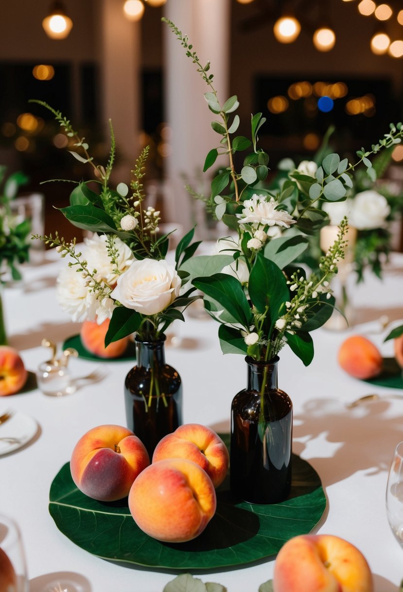 Peaches and greenery arranged in vases on a wedding reception table