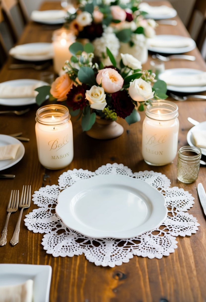 Lace doilies peek out from under floral centerpieces on a wooden table, surrounded by mason jar candles and vintage accents