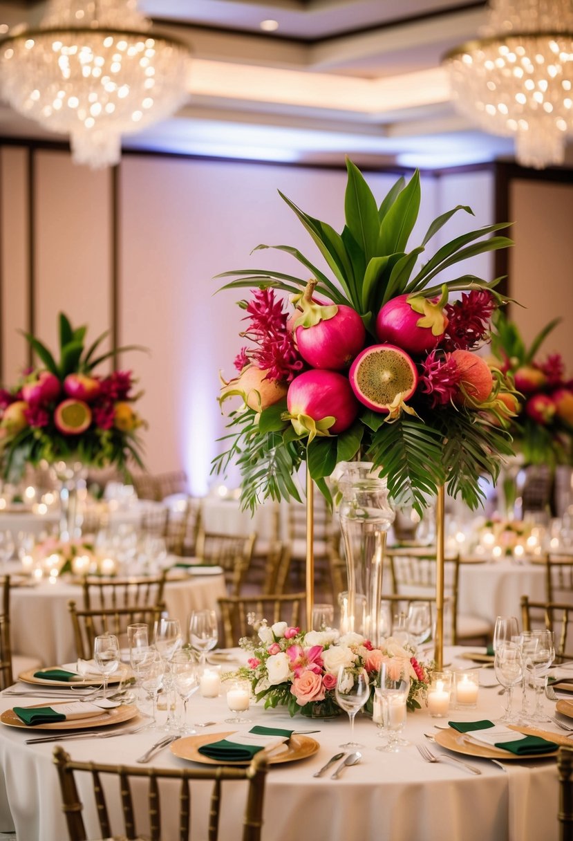 A lavish wedding table adorned with dragon fruit centerpieces and elegant floral arrangements