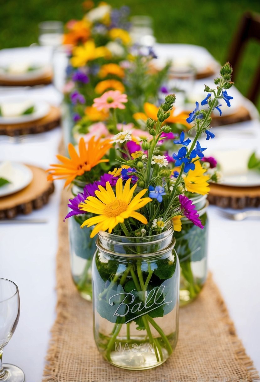 Mason jars filled with colorful wildflowers adorn a rustic wedding table