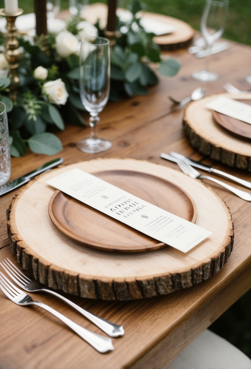 Wooden slabs used as plate chargers on a rustic wedding table