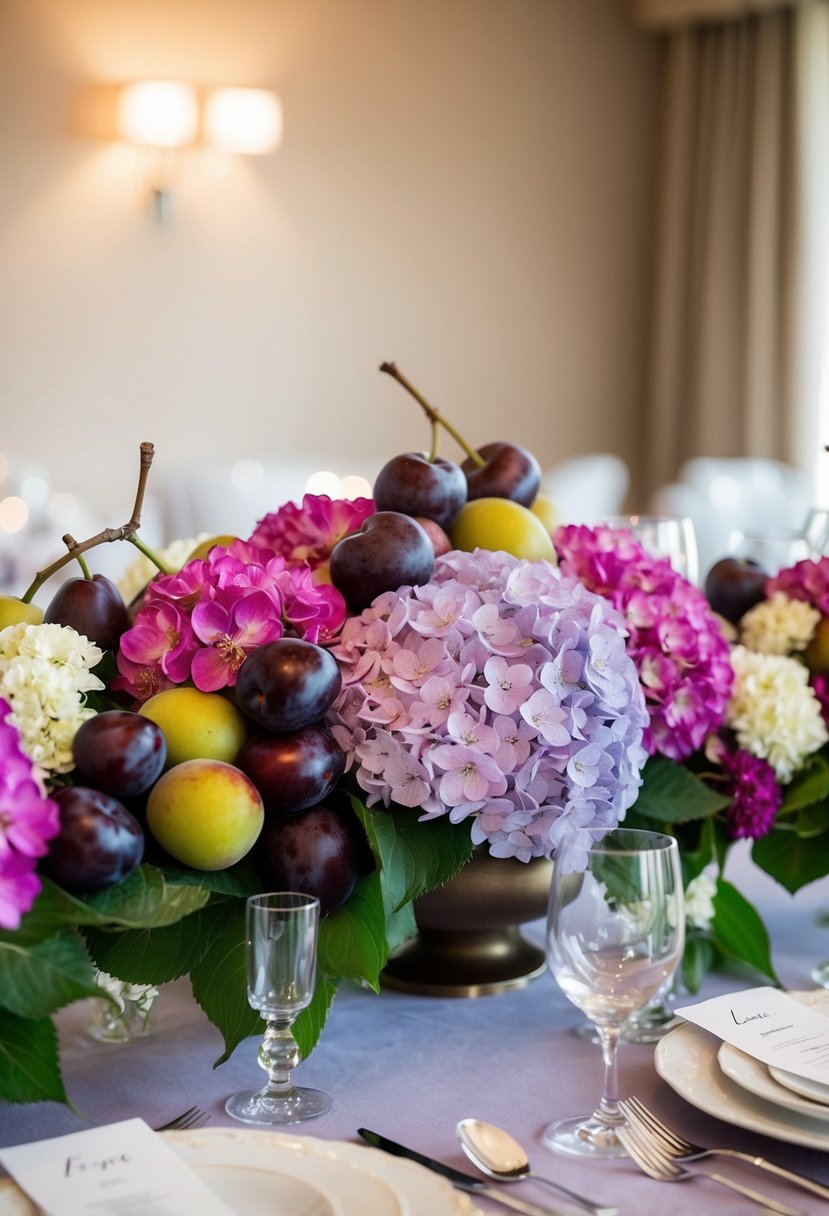 A table adorned with plums and hydrangeas, creating a vibrant and elegant wedding centerpiece