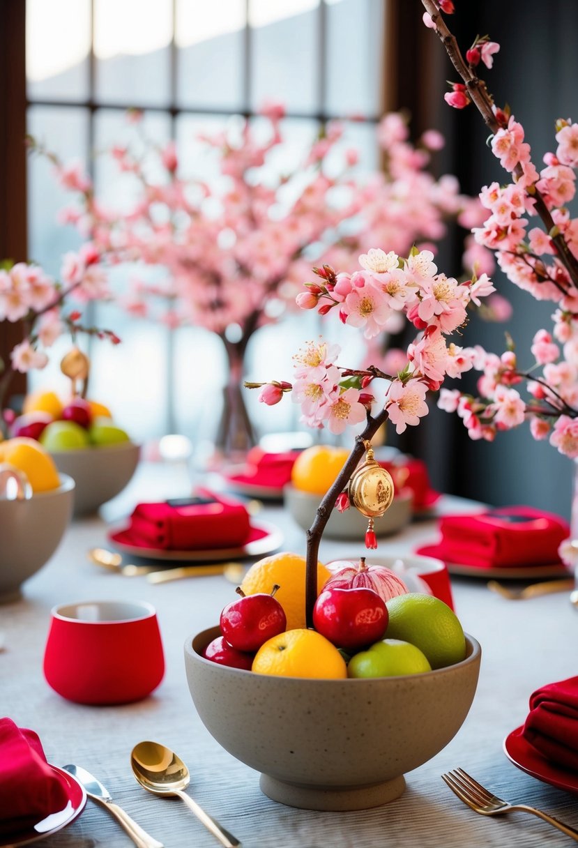 A table adorned with cherry blossom charm fruit decorations