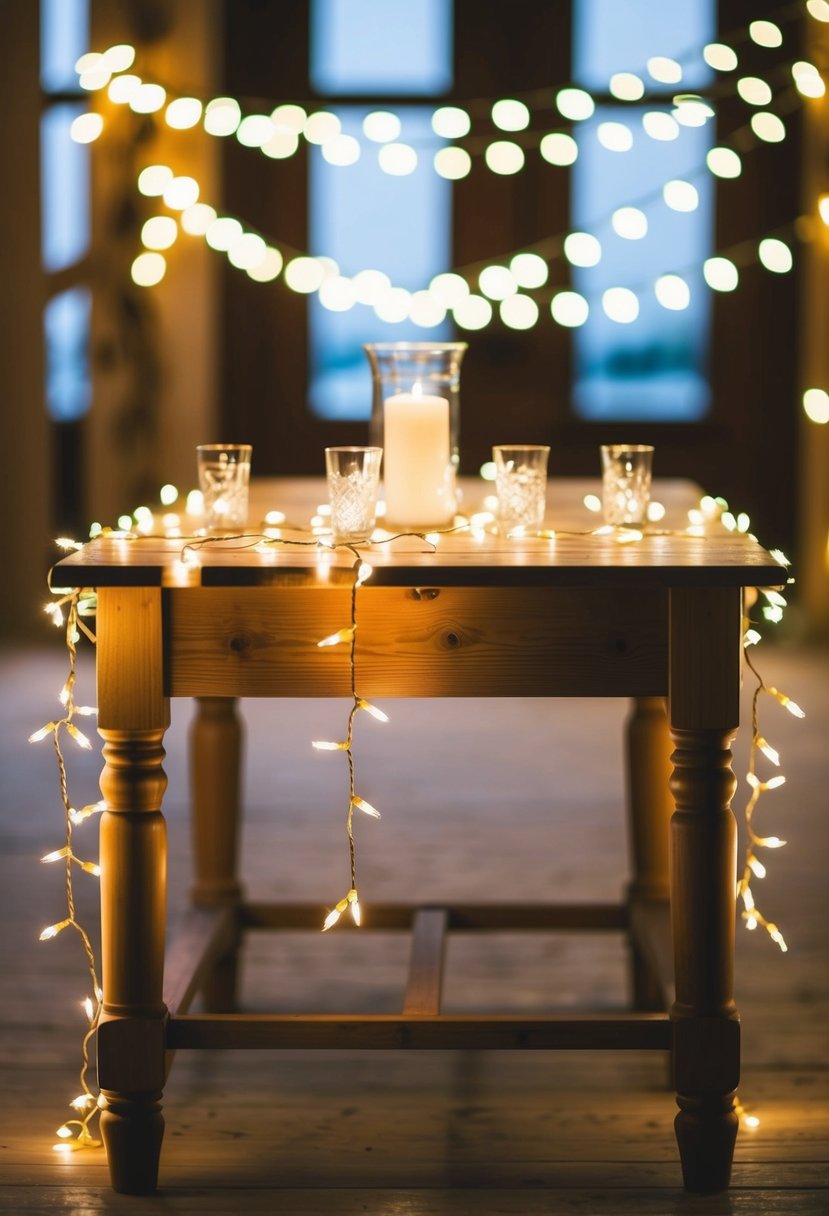 Fairy lights draped over a wooden table, casting a soft glow for a rustic wedding decoration