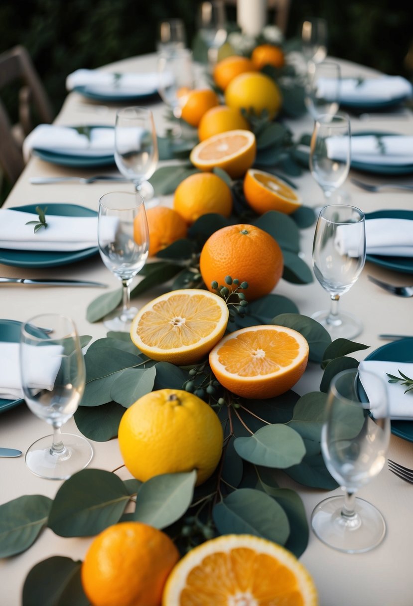 A table adorned with fresh citrus fruits and eucalyptus leaves, creating a vibrant and fragrant wedding centerpiece