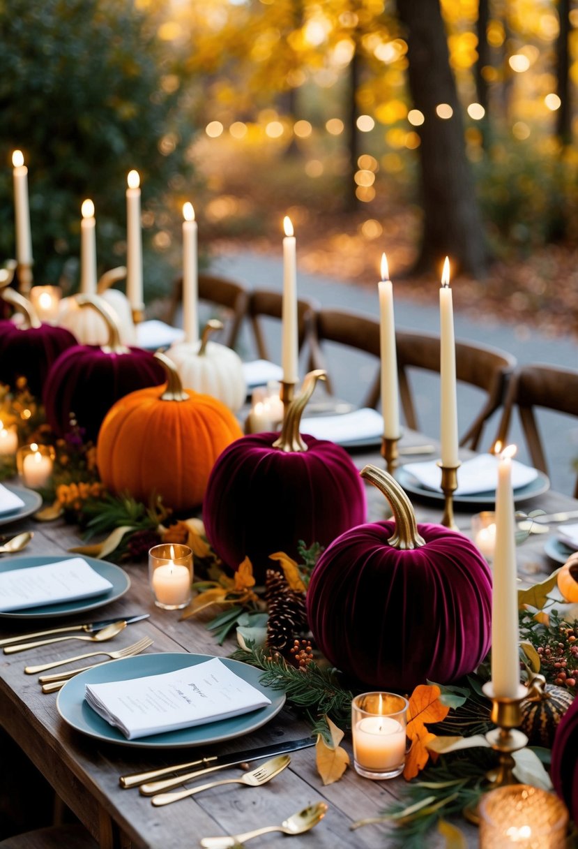 Velvet pumpkins arranged on a rustic wedding table, adorned with autumn foliage and candlelight