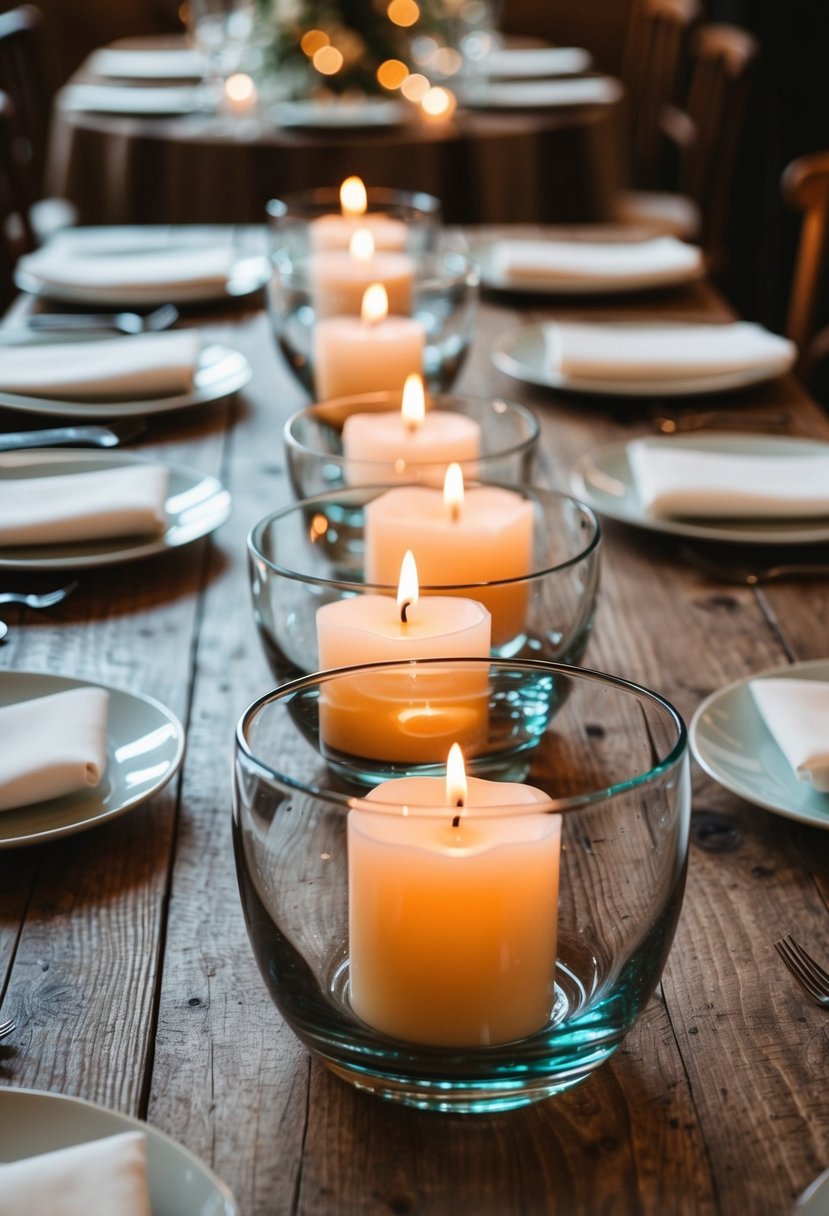 Glass bowls hold floating candles on a wooden table, creating a rustic wedding centerpiece