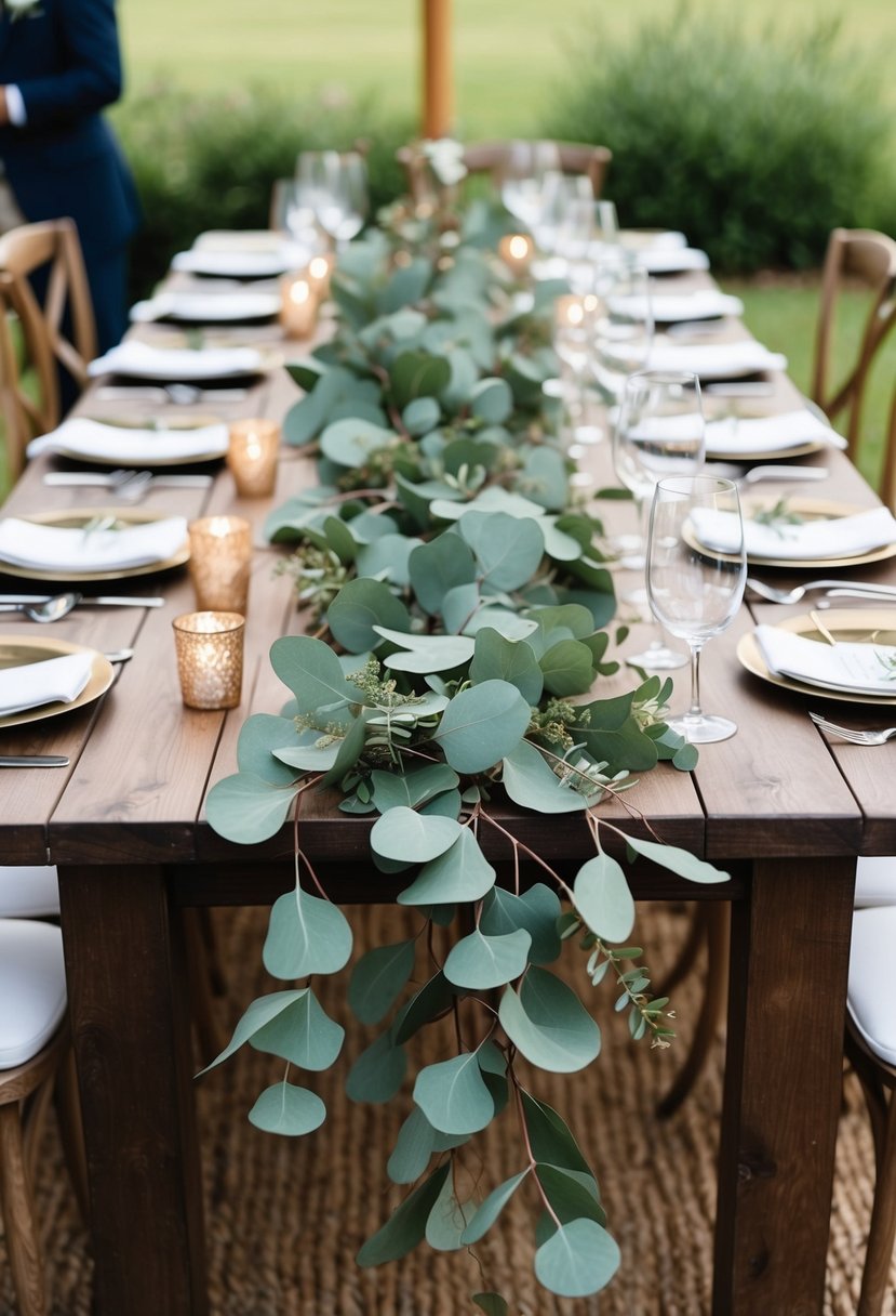 Eucalyptus garlands draped along a wooden table, surrounded by rustic wedding decor