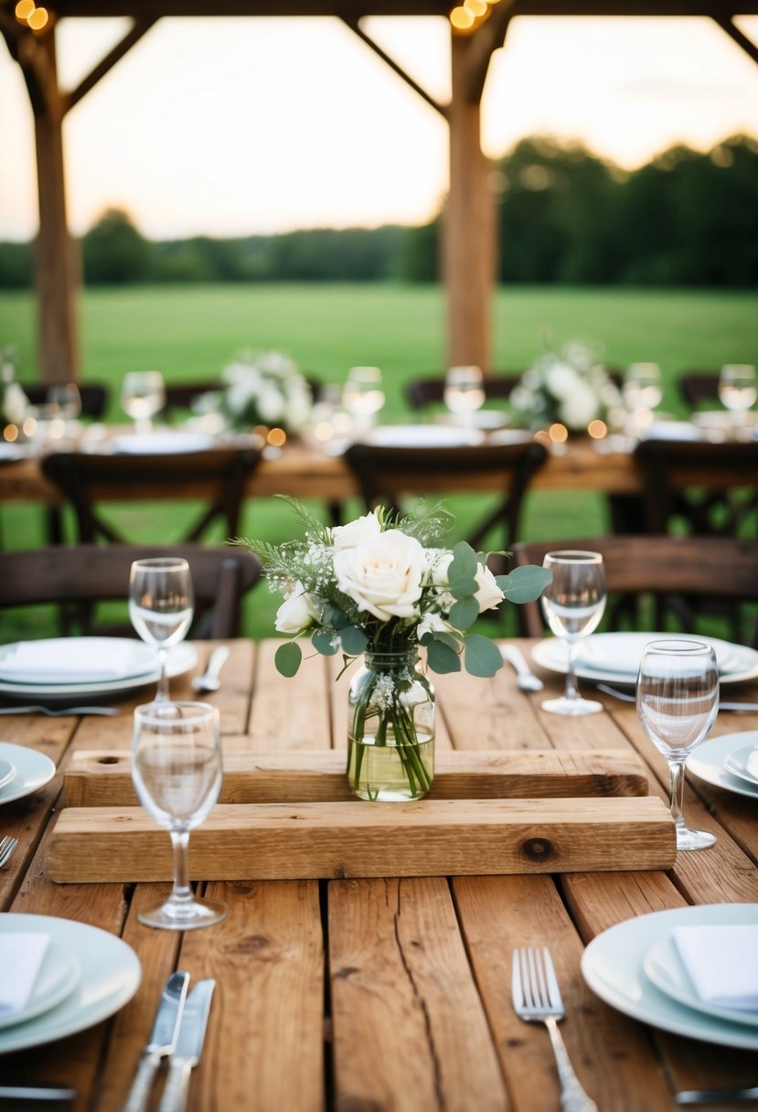 Reclaimed wood planks arranged as table settings for a rustic wedding