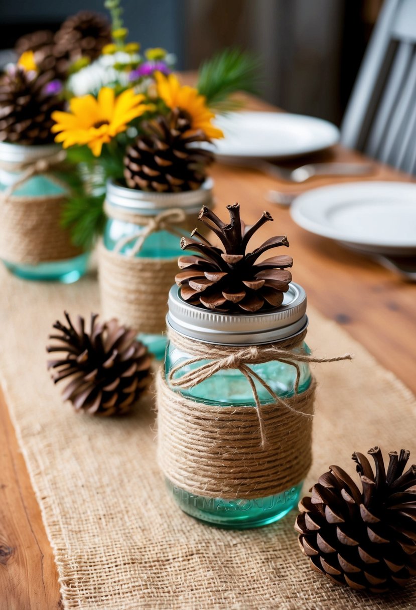 Pinecones and twine wrapped around mason jars, set on a wooden table with burlap table runner and wildflower centerpiece